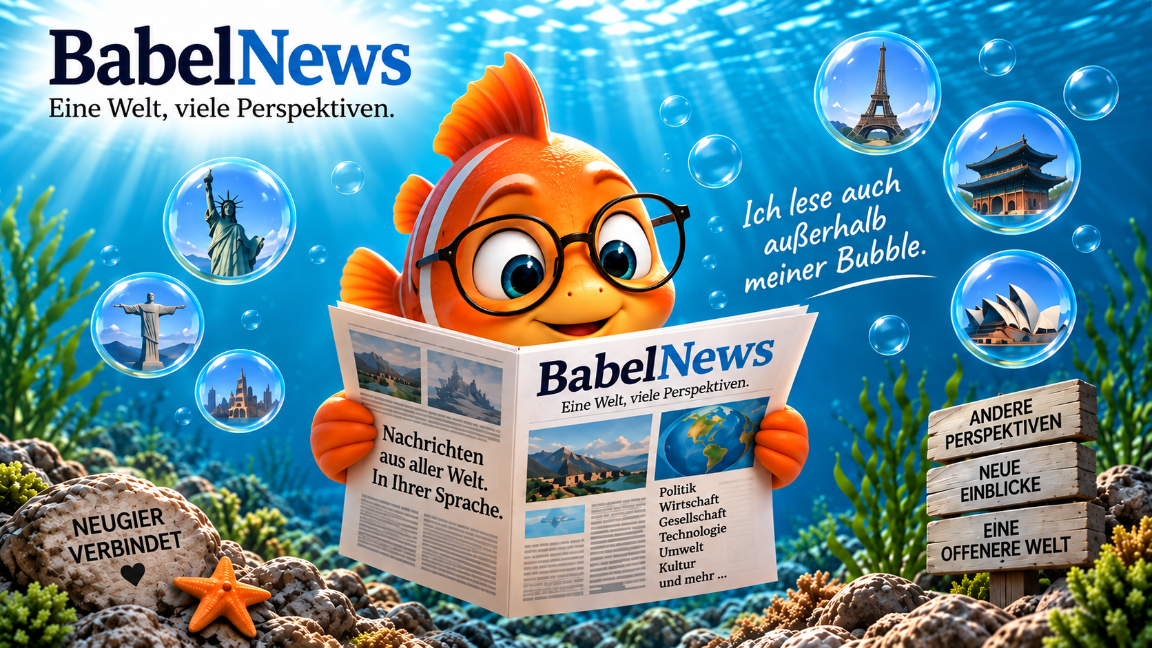 BabelNews – Eine Welt, viele Perspektiven.
                 Ein Fisch mit Brille liest unter Wasser Zeitung.